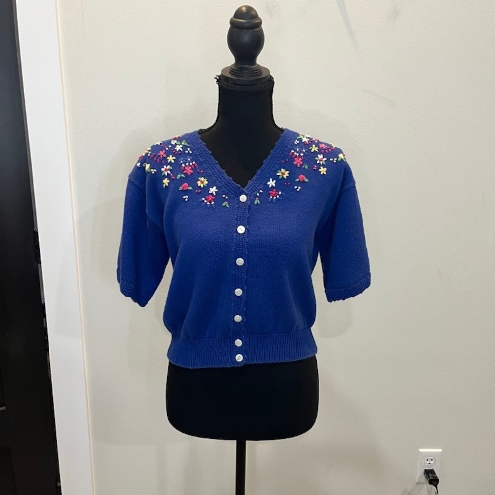 Lizsport Petite Blue Cotton Short Sleeve Floral Embroidered‎ Sweater S Vintage